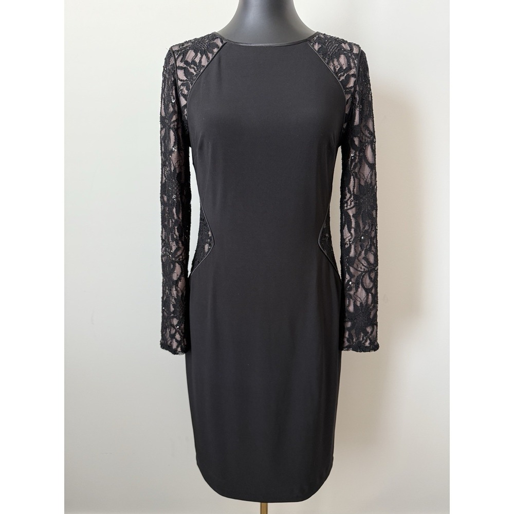 Lauren Ralph Lauren Black Jersey Lace Knee Length Cocktail Party Dress 8 NWOT